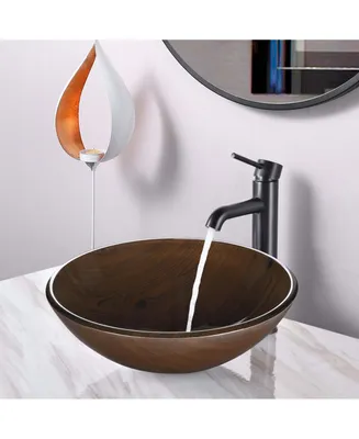 Tempered Glass Round Vessel Sink Wood Grain Pattern Bathroom Vanity Hotel Spa Bowl Basin
