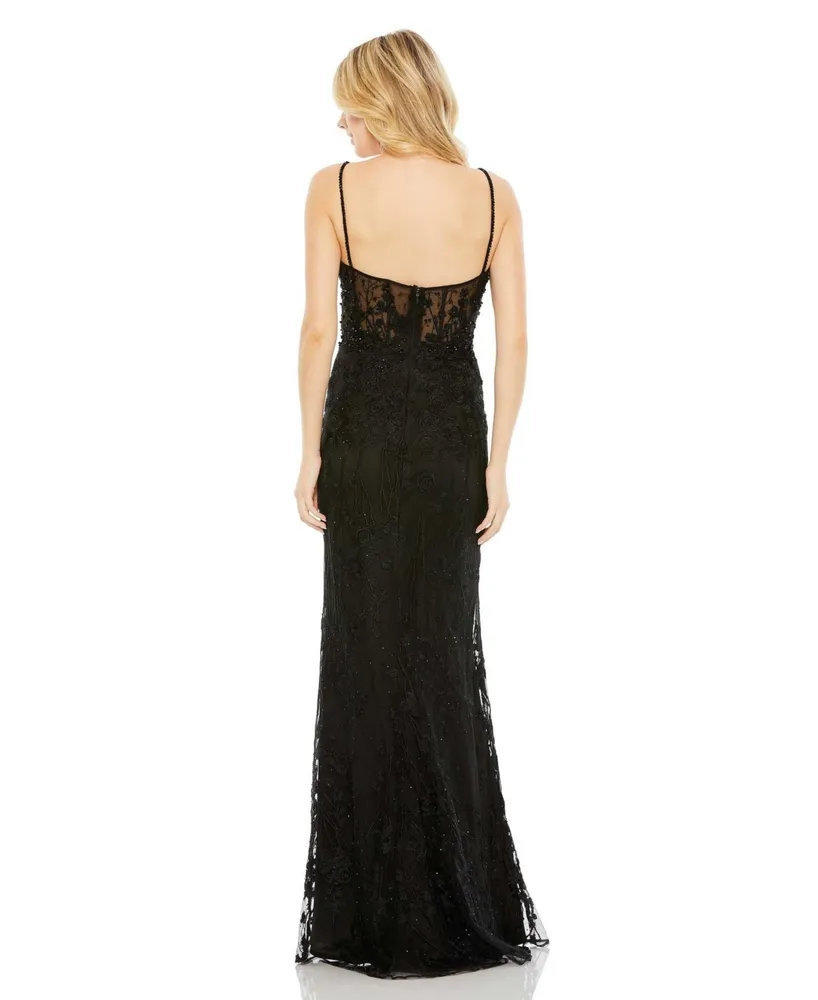 Women's Embellished Sleeveless Illusion Bodice Gown