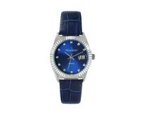 Peugeot Women's 36mm Blue Fluted Bezel Watch with Leather Strap