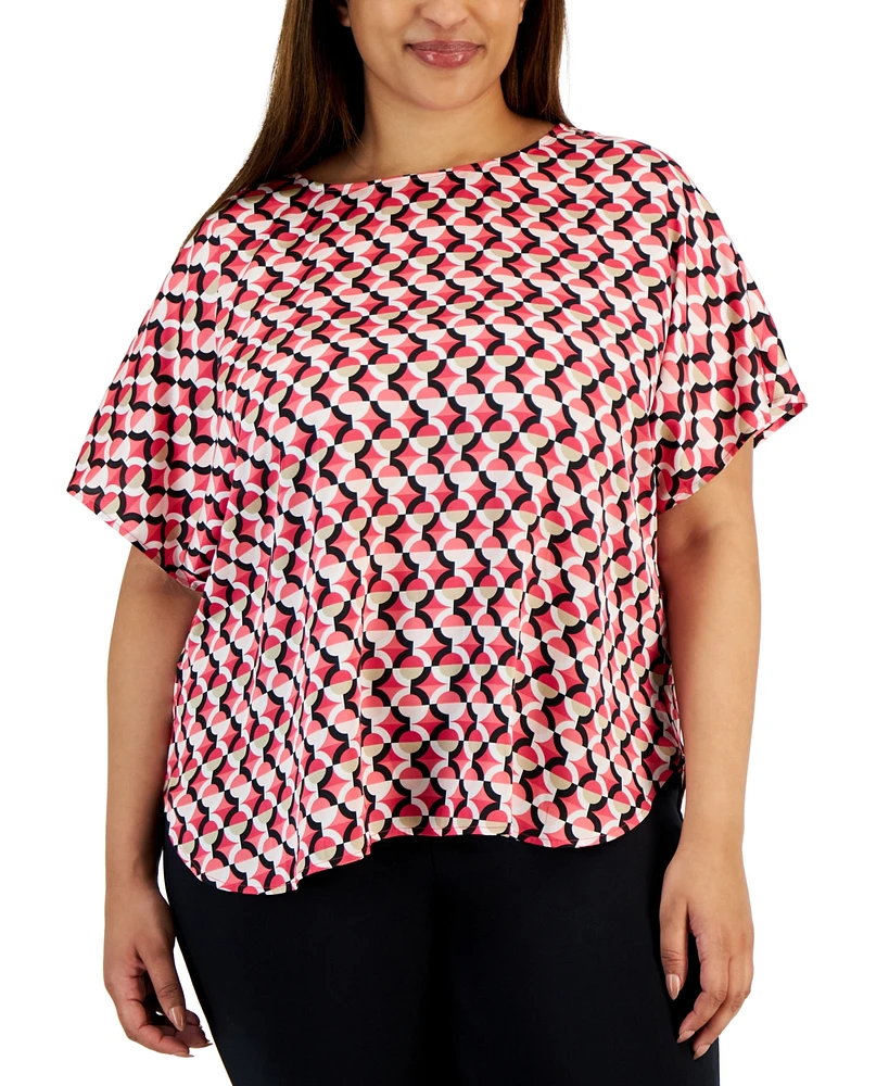 Anne Klein Plus Printed Bateau-Neck Short-Sleeve Blouse