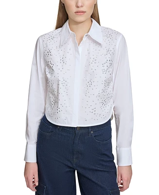 Dkny Jeans Women's Cotton Studded Cropped Shirt - Wht