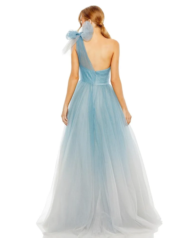 Women's Glitter One-Shoulder Ombre Gown With Bow