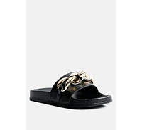 London Rag Womens Ishtar Metallic Chain Metal Slid Flats