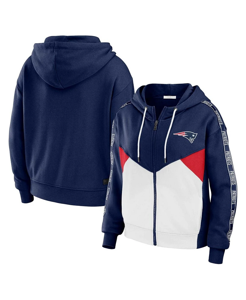 Women's Wear by Erin Andrews Navy, White New England Patriots Plus Color Block Full-Zip Hoodie