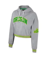 Women's The Wild Collective Heather Gray Distressed Oregon Ducks Cropped Shimmer Pullover Hoodie