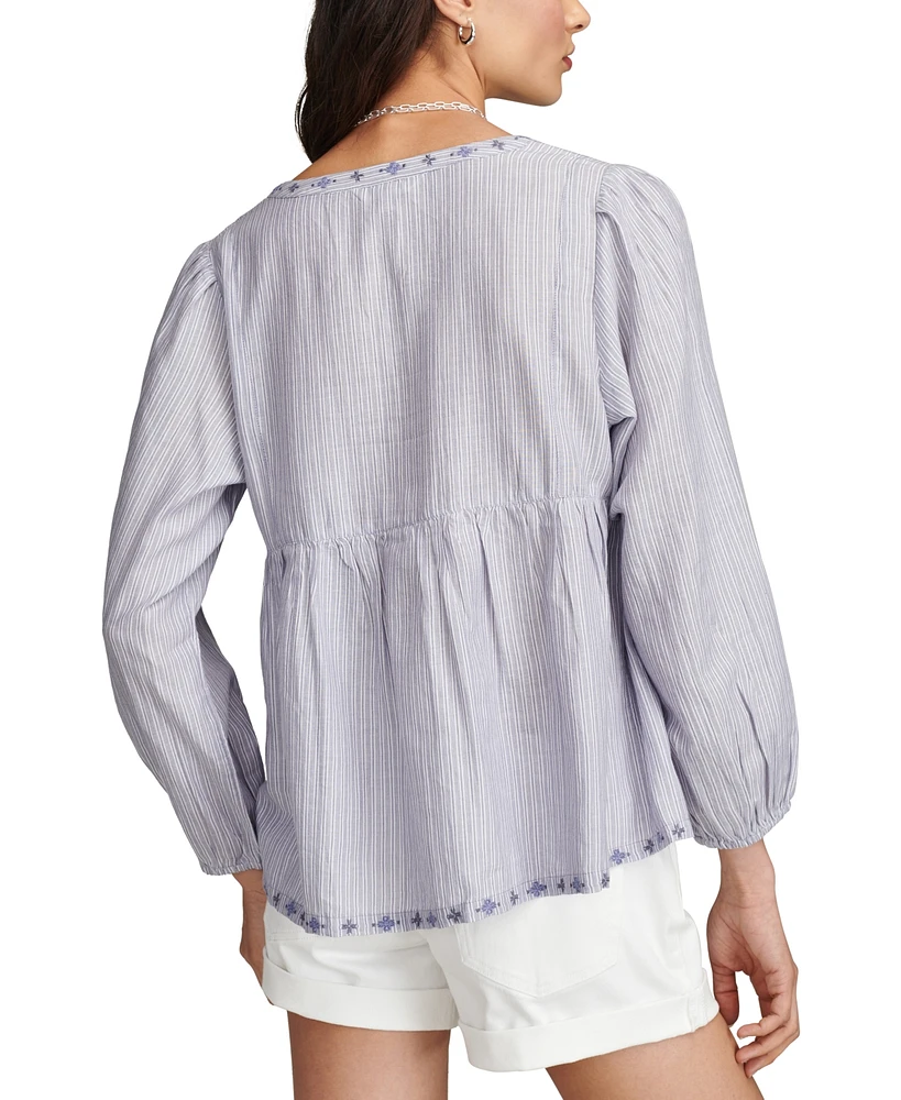 Lucky Brand Women's Striped Cotton Notched-Neck Peasant Blouse