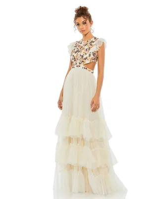 Women's Embroidered Bodice Cap Sleeve Ruffle Tiered Gown