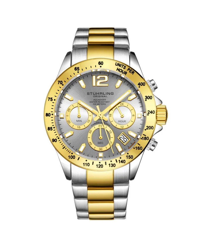 Stuhrling Men's Chronograph Watch, Silver Case, Gold Toned Bezel, Grey Dial Tt Silver And Gold Stainless Steel Bracelet