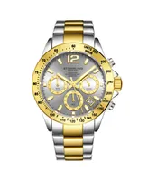 Stuhrling Men's Chronograph Watch, Silver Case, Gold Toned Bezel, Grey Dial Tt Silver And Gold Stainless Steel Bracelet