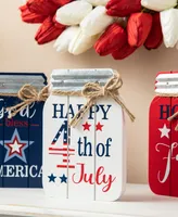 Glitzhome 7" H Set of 3 Patriotic, Americana Wooden Mason Jar Table Decor