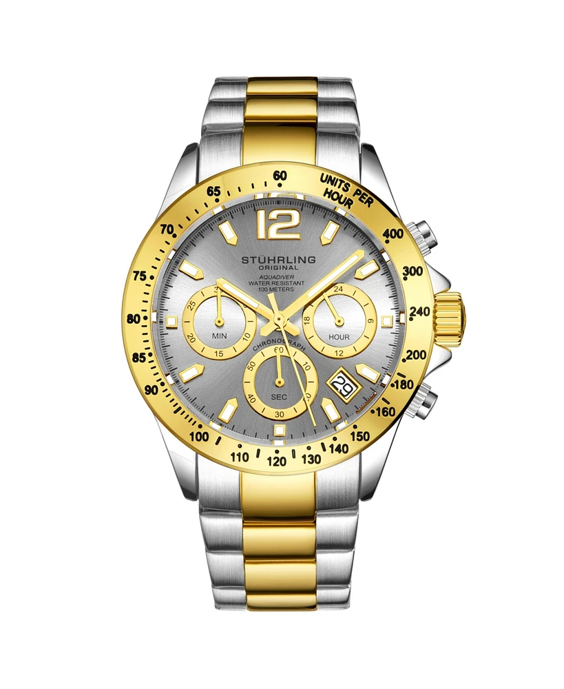 Stuhrling Men's Chronograph Watch, Silver Case, Gold Toned Bezel, Grey Dial Tt Silver And Gold Stainless Steel Bracelet