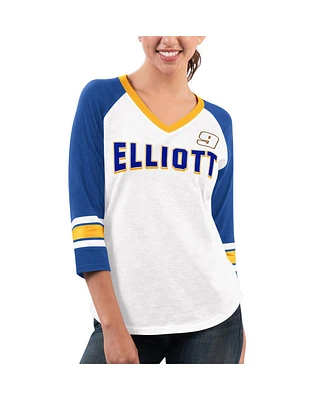 Women's G-iii 4Her by Carl Banks White, Royal Chase Elliott Top Team V-Neck 3/4 Sleeve T-shirt
