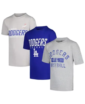 Big Boys Stitches Heather Gray, Royal Distressed Los Angeles Dodgers Three-Pack T-shirt Set
