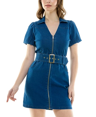 Rosie Harlow Juniors' Zip-Front Belted Denim Dress