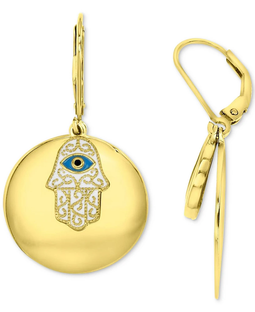 Cubic Zirconia & Enamel Hamsa Hand Disc Drop Earrings