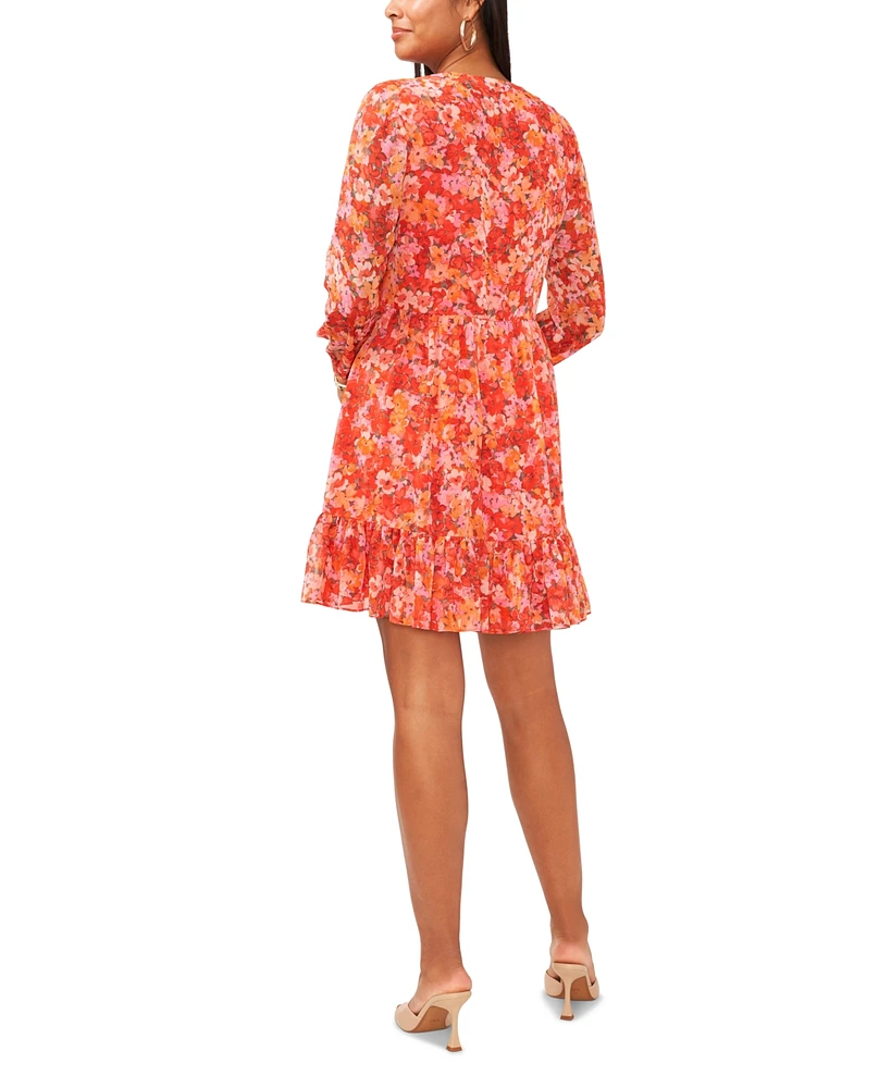Vince Camuto Women's Floral Printed Long Sleeve Split Neck Tiered Baby Doll Dress