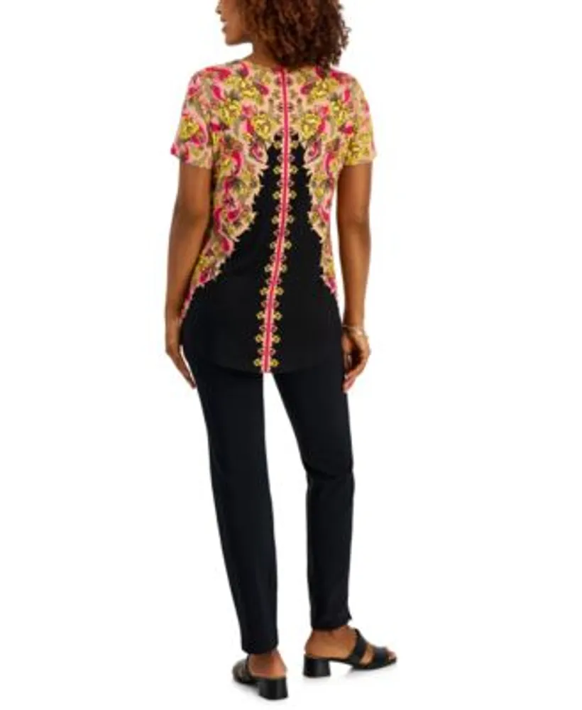 Jm Collection Womens Printed Short Sleeve Top Cambridge Woven Pull On Pants Created For Macys
