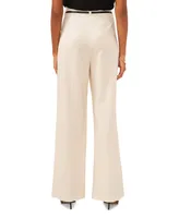 Vince Camuto Women's Linen Blend Faux Leather Trimmed Wide Leg Pleated Trousers
