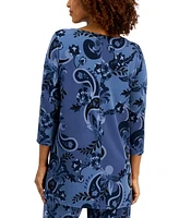 Jm Collection Petite Glamorous Garden 3/4-Sleeve Boat-Neck Top, Created for Macy's