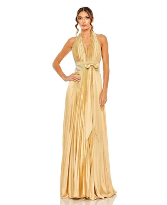 Women's Pleated Halter Neck Gown With Center Bow