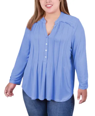 Ny Collection Plus Size Long Sleeve Pleat Front Y-Neck Blouse with Rounded Hem