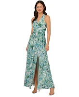 Adrianna Papell Women's Leaf-Print Chiffon Shirred Gown
