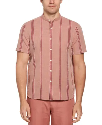 Perry Ellis Men's Band-Collar Striped Short Sleeve Button-Front Shirt