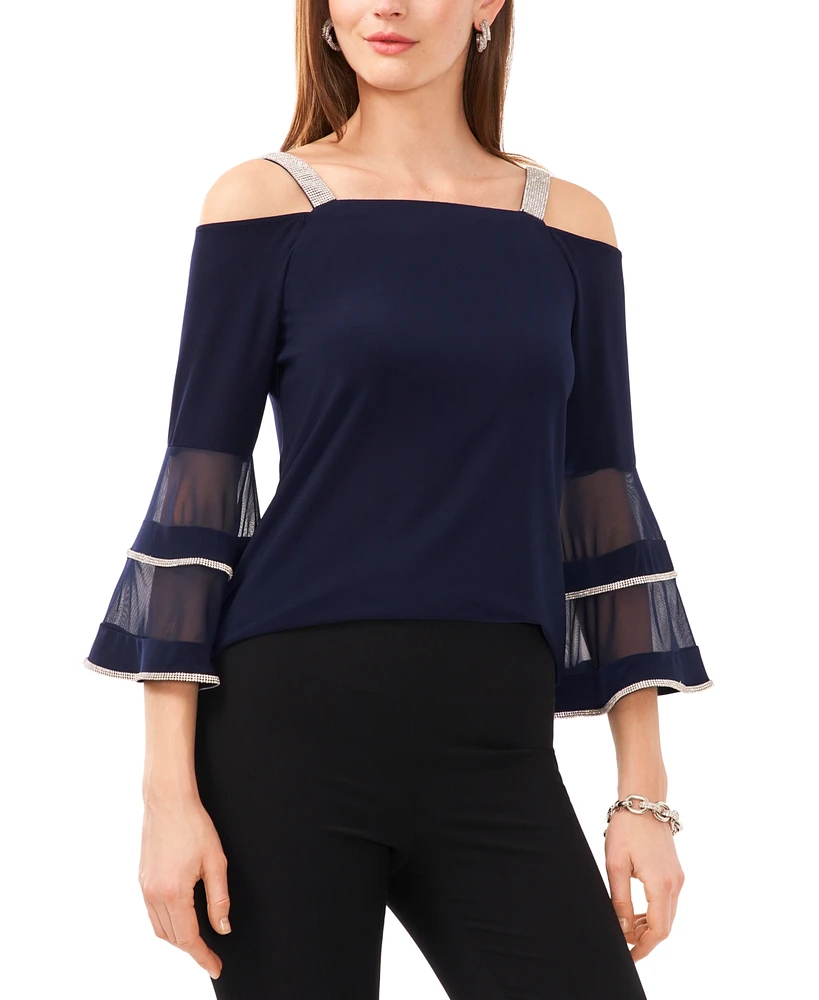 Msk Petite Mesh-Inset Cold-Shoulder Top