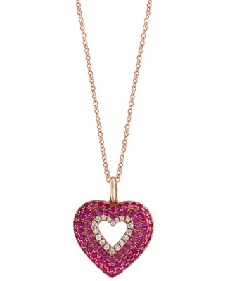Effy Pink Sapphire (1/5 ct. t.w.), Ruby (3/8 ct. t.w.) & Diamond (1/10 ct. t.w.) Heart 18" Pendant Necklace in 14k Rose Gold
