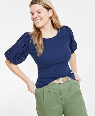 On 34th Women's Eyelet-Sleeve Scoop-Neck Knit Top, Created for Macy's