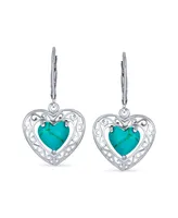 Bling Jewelry Bali Style Natural Stabilized Turquoise Heart Shape Fish Hook Drop Earrings For Women Scroll Filigree Sterling Silver