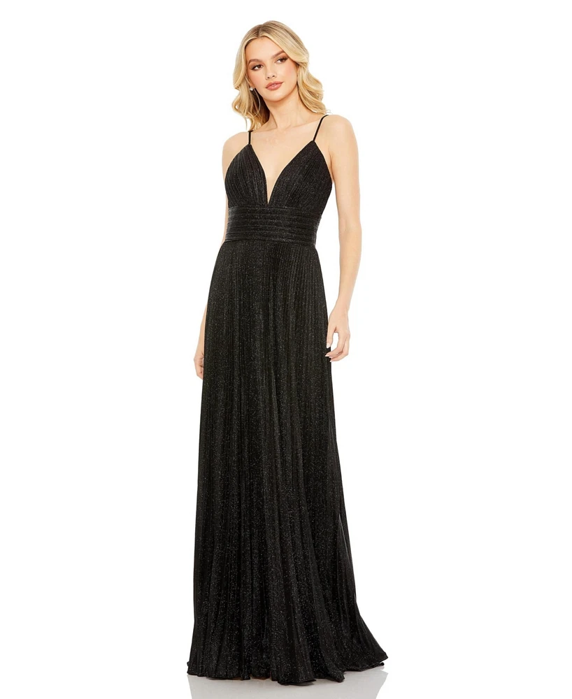 Mac Duggal Women's Ieena Shimmer Pleated V-Neck Open Back Gown