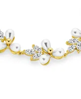 Bling Jewelry Multi Flowers Cz Leaf White Freshwater Cultured Pearl Bracelet For Women 18K Gold Plated 7 Inch