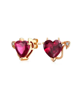 Bling Jewelry Promise Valentine Red Cz Devil Heart Shape Cubic Zirconia Stud Earrings For Women Rose Gold Plated Sterling Silver