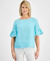 Charter Club Petite Boat Neck Bell-Sleeve 100% Linen Top, Created for Macy's