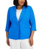 Kasper Plus Size Linen-Blend Notched Collar 3/4-Sleeve Blazer