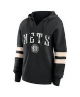 Women's Fanatics Black Distressed Brooklyn Nets Bold Move Dolman V-Neck Pullover Hoodie