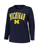 Women's Profile Navy Michigan Wolverines Plus Arch Over Logo Scoop Neck Long Sleeve T-shirt