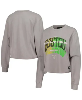 Women's The Wild Collective Gray Distressed Boston Celtics Band Cropped Long Sleeve T-shirt