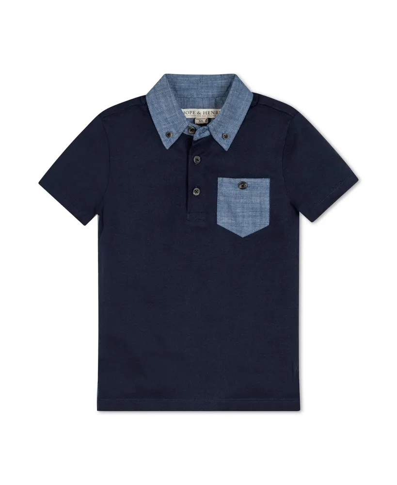 Hope & Henry Baby Boys Organic Short Sleeve Jersey Polo with Chambray Trim