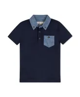 Hope & Henry Baby Boys Organic Short Sleeve Jersey Polo with Chambray Trim