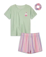 Max & Olivia Girls Soft Jersey Fabric Shorts Pajama Set with Scrunchie, 3 Piece