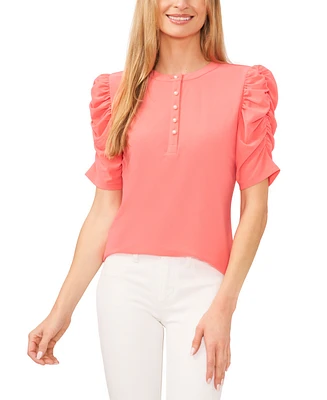 CeCe Women's Ruched Puff-Sleeve Henley Knit Top