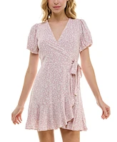 Trixxi Juniors' Floral-Print Puff-Sleeve Faux-Wrap Dress
