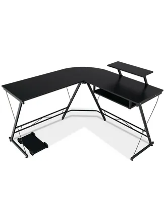 L Shaped Computer Desk Home Office Workstation with Movable Monitor Stand-Black
