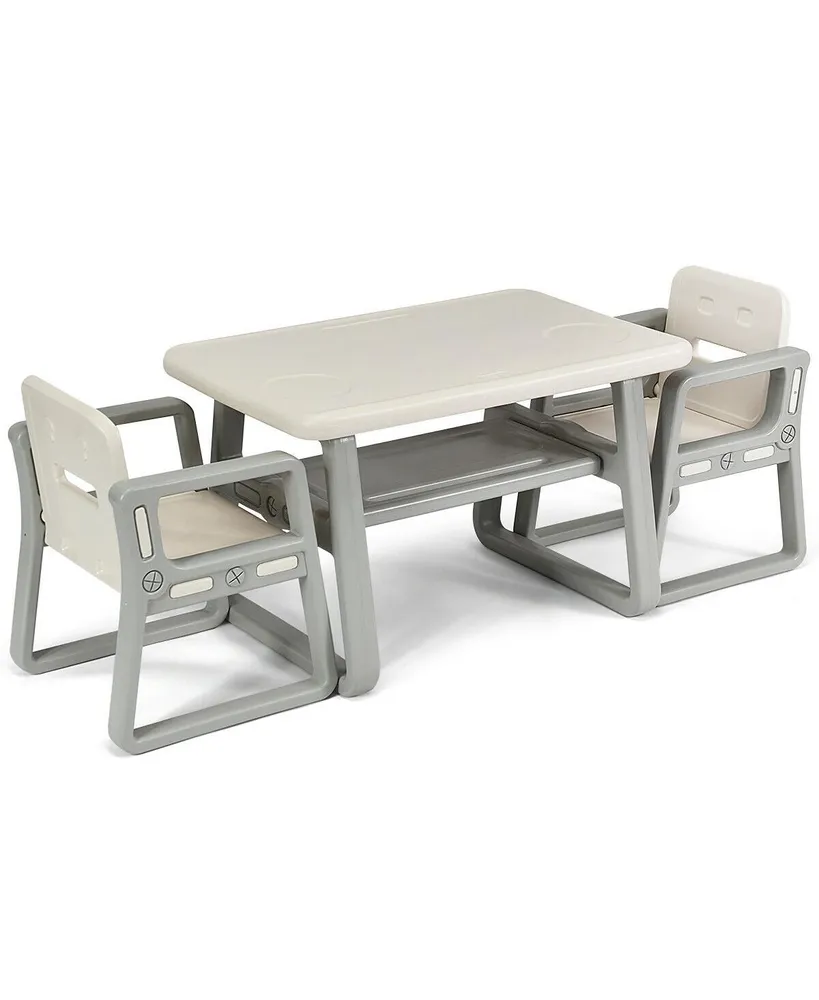 Kids Table and 2 Chairs Set with Storage Shelf-White