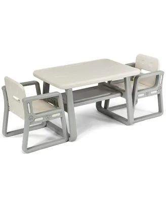 Kids Table and 2 Chairs Set with Storage Shelf-White