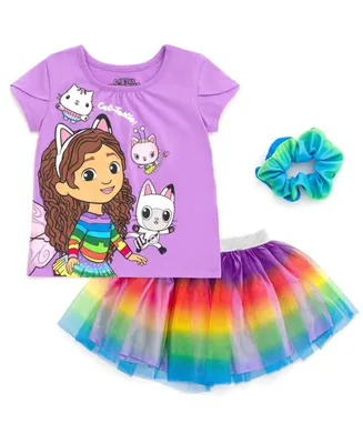 DreamWorks Gabby's Dollhouse Girls T-Shirt Tulle Mesh Skirt and Scrunchie 3 Piece Outfit Set Toddler |Child