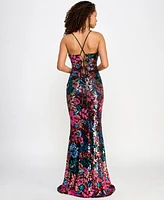 Crystal Doll Juniors' V-Neck Floral-Sequin Lace-Up-Back Gown