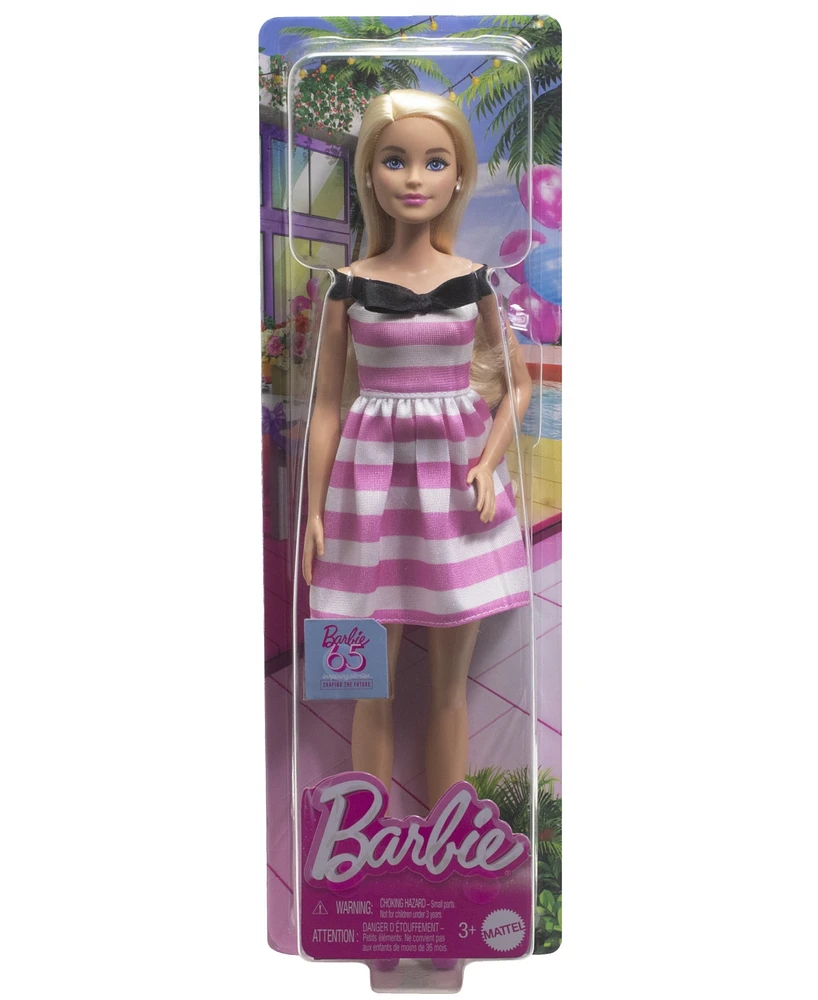 Barbie 65th Anniversary Fashion Doll with Blonde Hair, Pink Striped Dress and Accessories